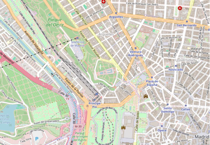 Street map of central Madrid, centered on the Templo de Debod