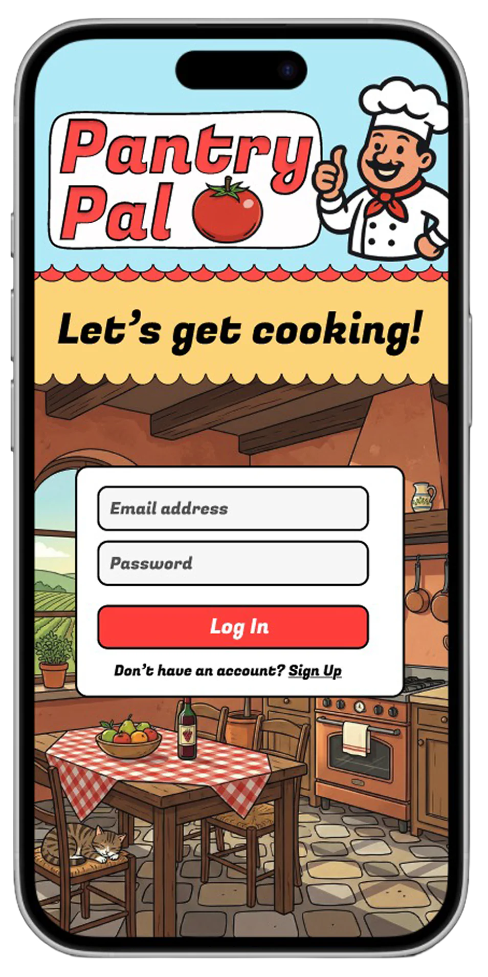 Pantry Pal login screen on an iPhone