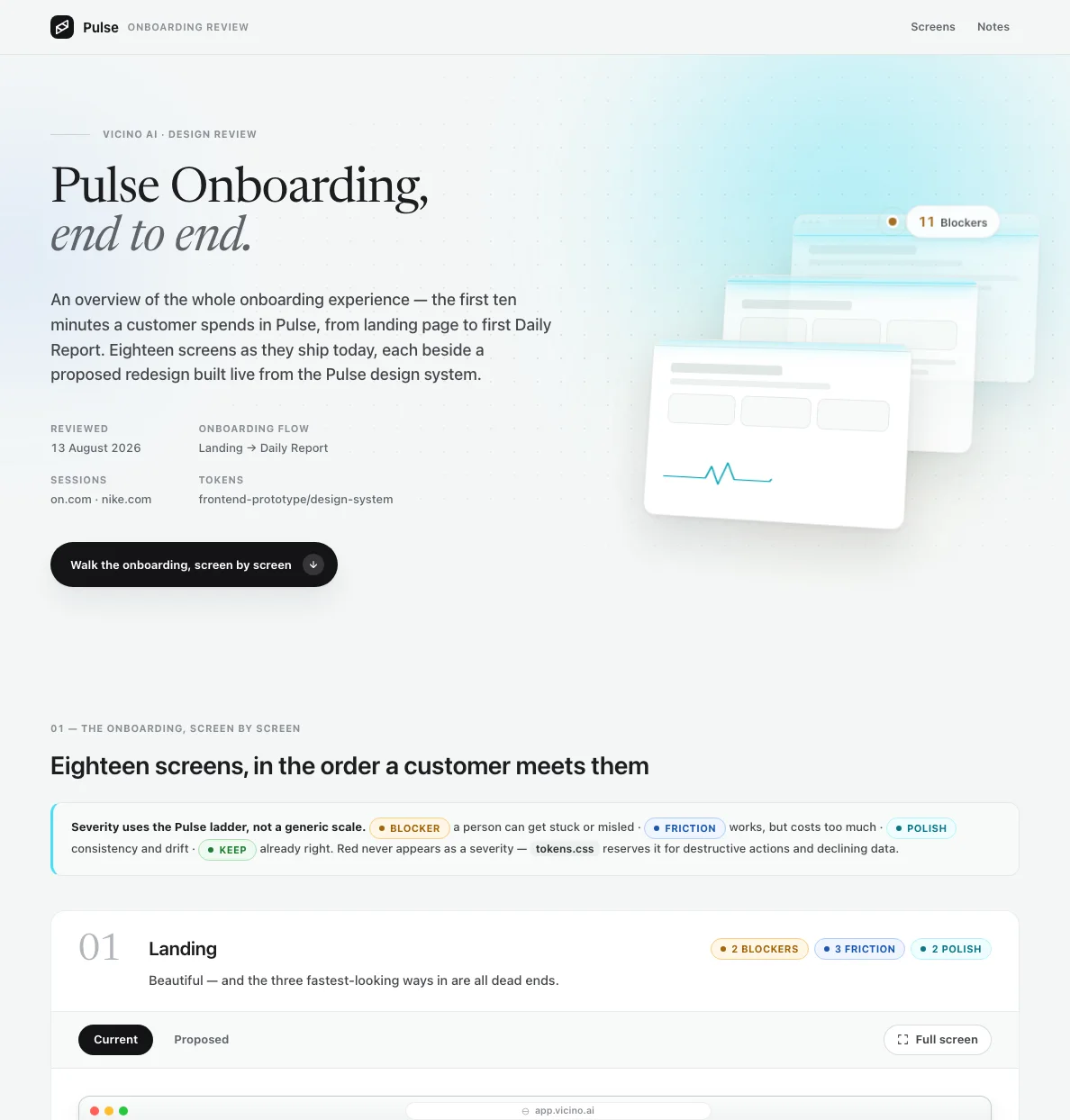 The Pulse onboarding design review: eighteen screens, each shown as it ships today beside its proposed redesign
